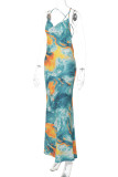 Colour Celebrities Print Patchwork Backless Strap Design Spaghetti Strap Sling Dresses