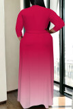 Pink Casual Street Gradient Print Lace Up V Neck Printed Plus Size Dresses