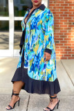 Blue Celebrities Print Pocket Buckle Patchwork Ruffle Irregular Hem Turndown Collar Irregular Plus Size Dresses