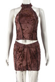 Dark Coffee Sexy Print Patchwork Backless O Neck Sleeveless Two Pieces