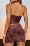 Dark Coffee Sexy Print Patchwork Backless O Neck Sleeveless Two Pieces