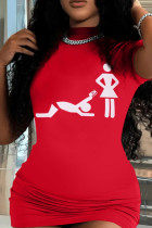 Red Sexy Print Patchwork O Neck Wrapped Skirt Dresses