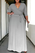 Grey Casual Street Gradient Print Lace Up V Neck Printed Plus Size Dresses