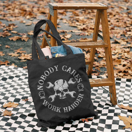 Black NOBODY CARES WORK HARDER PRINTED BAG