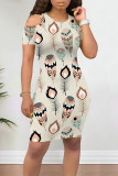 Apricot Casual Leaf Print Contrast O Neck Printed Dresses