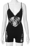 Black Sexy Solid Color Lace Patchwork See-Through Backless Spaghetti Strap Skinny Rompers