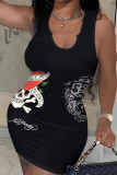 Black Sexy Print Patchwork U Neck Wrapped Skirt Dresses