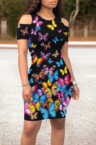 Purple Black Casual Butterfly Print Contrast O Neck Printed Dresses