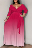 Pink Casual Street Gradient Print Lace Up V Neck Printed Plus Size Dresses