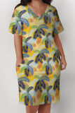Yellow Casual Vacation Tropical Print Pocket V Neck Printed Plus Size Dresses