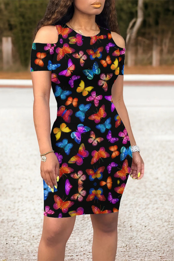 Red Black Casual Butterfly Print Contrast O Neck Printed Dresses