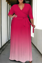 Pink Casual Street Gradient Print Lace Up V Neck Printed Plus Size Dresses