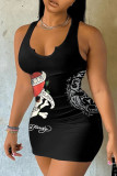 Black Sexy Print Patchwork U Neck Wrapped Skirt Dresses