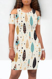Apricot Casual Leaf Print Contrast O Neck Printed Dresses