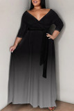 Pink Casual Street Gradient Print Lace Up V Neck Printed Plus Size Dresses