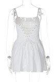 White Sexy Casual Solid Color Backless Spaghetti Strap A Line Dresses