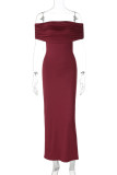 Burgundy Celebrities Solid Color Hollow Out Patchwork Backless Ruched Off Shoulder Long Dresses