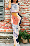 Powder Blue Casual Street Geometric Print Pocket Contrast O Neck Short Sleeve Two Pieces