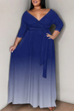 Pink Casual Street Gradient Print Lace Up V Neck Printed Plus Size Dresses