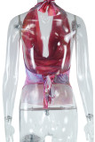 Red Sexy Print Patchwork Backless Strap Design Halter T-Shirts