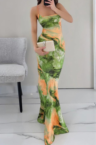 Green Celebrities Print Patchwork Backless Strap Design Spaghetti Strap Sling Dresses