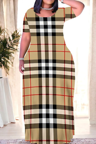 Khaki Casual Daily Plaid Contrast O Neck Printed Plus Size Dresses