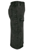 Black Casual Solid Color Pocket Patchwork Zipper Wrapped Skirt Plus Size Jeans