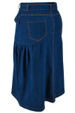 Deep Blue Casual Solid Color Pocket Buttons Patchwork Ruched Zipper Straight Plus Size Jeans