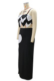 Black Celebrities Heart Shaped Patchwork Backless High Slit Spaghetti Strap Sleeveless Two Pieces
