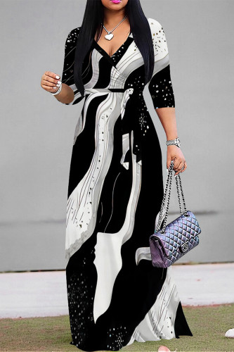 Black Casual Street Daily Geometric Print With Belt Contrast V Neck Printed Dresses