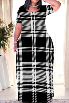 Black White Casual Daily Plaid Contrast O Neck Printed Plus Size Dresses