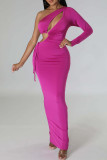 Blue Sexy Solid Color Sequins Patchwork Backless Oblique Collar Long Dresses