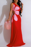 Red Celebrities Print Patchwork Backless Ruched Strap Design Oblique Collar Long Dresses