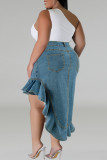 Navy Blue Casual Solid Color Buttons Patchwork Zipper Ruffled Trim Wrapped Skirt Plus Size Jeans