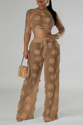 Brown Casual Flowers Patchwork See-Through Backless Cross Straps Strap Design Halter Sleeveless Two Pieces