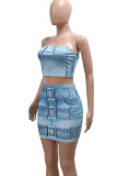 Light Blue Sexy Print Patchwork Backless Strapless Sleeveless Two Pieces