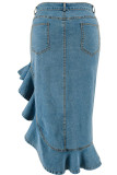 Navy Blue Casual Solid Color Buttons Patchwork Zipper Ruffled Trim Wrapped Skirt Plus Size Jeans