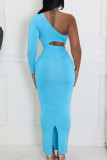 Blue Sexy Solid Color Sequins Patchwork Backless Oblique Collar Long Dresses