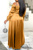 Gold Celebrities Solid Color Patchwork Backless High Slit Ruched Strap Design Off Shoulder Long Plus Size Dresses