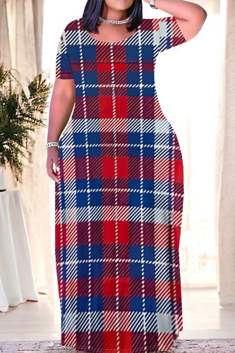 Red Blue Casual Daily Plaid Contrast O Neck Printed Plus Size Dresses