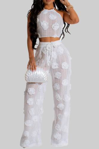 White Casual Flowers Patchwork See-Through Backless Cross Straps Strap Design Halter Sleeveless Two Pieces
