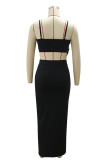 Black Celebrities Heart Shaped Patchwork Backless High Slit Spaghetti Strap Sleeveless Two Pieces