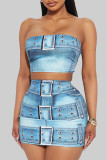 Light Blue Sexy Print Patchwork Backless Strapless Sleeveless Two Pieces