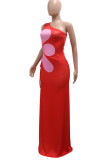 Red Celebrities Print Patchwork Backless Ruched Strap Design Oblique Collar Long Dresses
