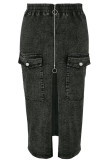 Black Casual Solid Color Pocket Patchwork Zipper Wrapped Skirt Plus Size Jeans