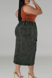 Black Casual Solid Color Pocket Patchwork Zipper Wrapped Skirt Plus Size Jeans