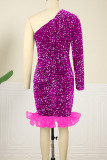 Rose Red Celebrities Sequins Patchwork Ruffled Trim Oblique Collar Wrapped Skirt Dresses