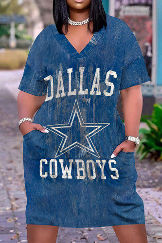 Dark Blue Casual The Stars Letter Print V Neck Shorts Sleeve Pocket Plus Size T-shirt Dallas Cowboys Jersey Dress