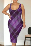Purple Sexy Plaid Print Contrast U Neck Printed Dresses