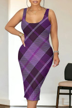 Purple Sexy Plaid Print Contrast U Neck Printed Dresses